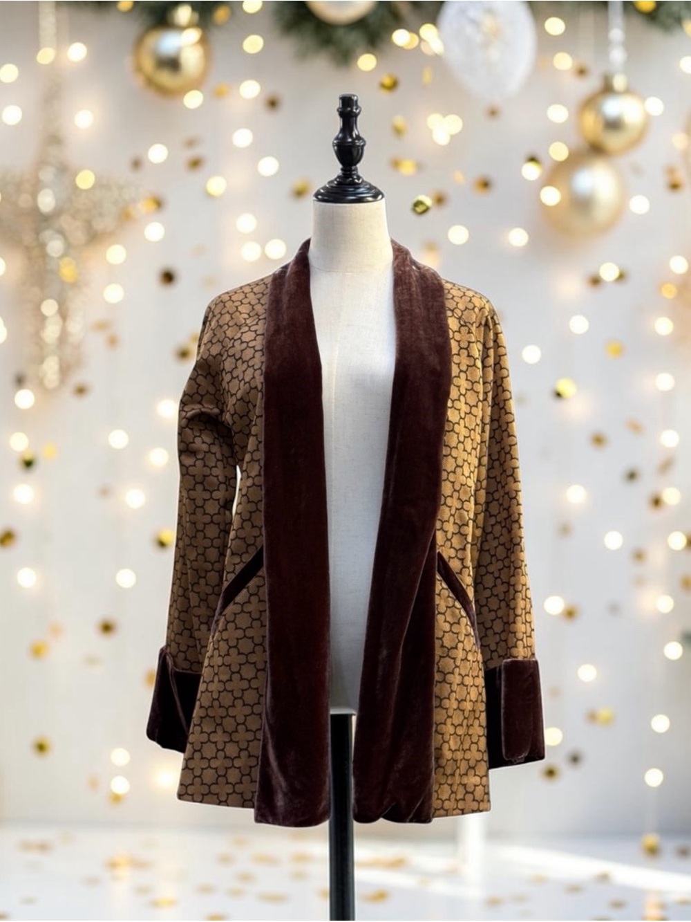 Soft Surroundings Velvet Trim Geometric Jacket - Size XS - Brown & Gold